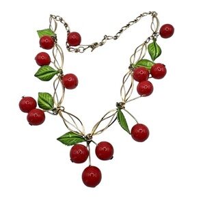 Vintage 80s Acrylic Red Cherry Necklace Rockabilly Pin-Up Style 16”